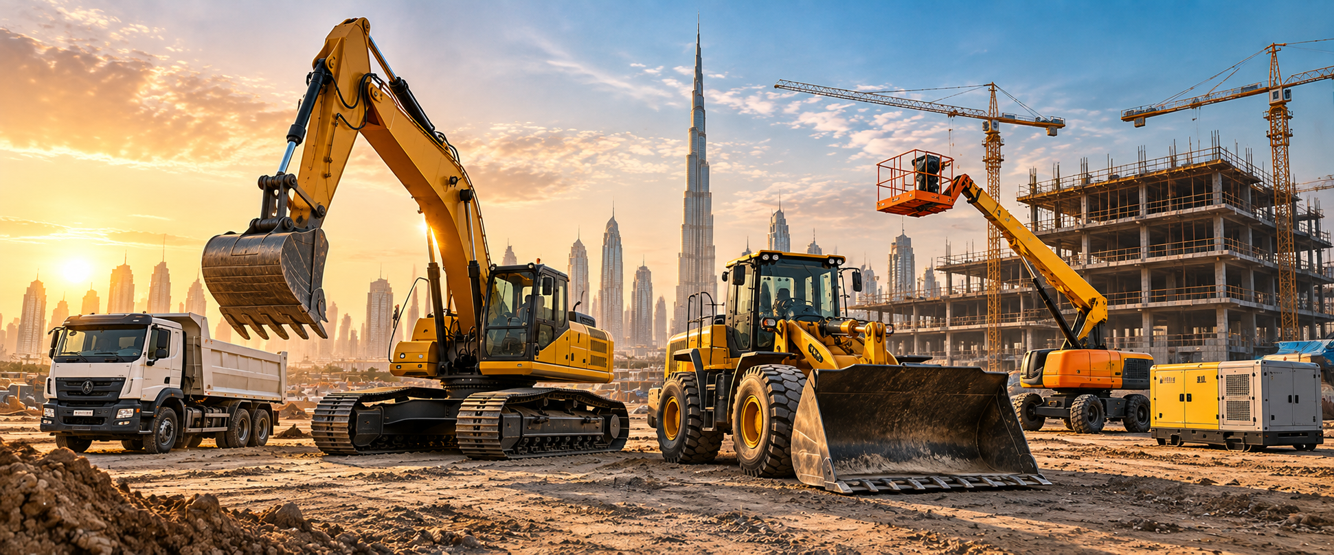 Excavator working at sunset